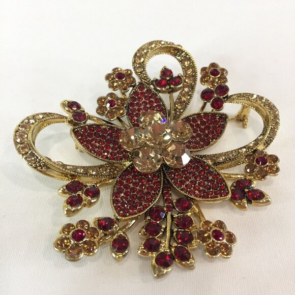 New Avon 35 Yrs 2006 Red Rhinestone Large Statement Flower Brooch Pin Gold Tone - Picture 1 of 6